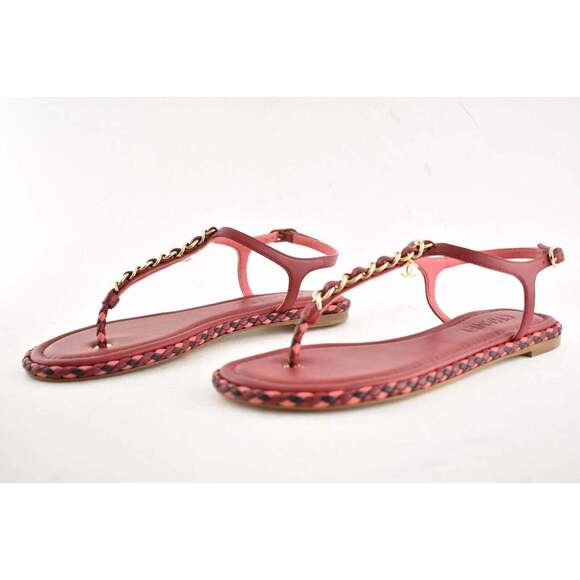 Chanel Red Braided Gold CC Logo Chain Thong Ankle Strap Slide Sandal Flat 36C - Picture 8 of 10